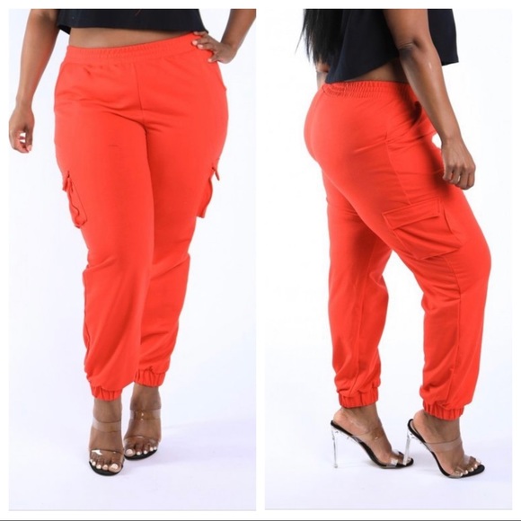 J. ELISE BOUTIQUE PLUS SIZE RED FITTED CARGO JOGGERS SWEATPANTS - Picture 1 of 13